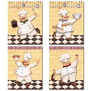 Set of 4 Happy French Chef Kitchen Prints Le Chef Cook by Daphne Brissonnet 8x10