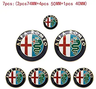 7pcs Alfa Romeo CAR Logo 74mm Hood Trunk 50MM 40MM Wheel Center Cap Emblem Brera 147 156 166 159 GT Spider Giulietta Stelvio (Gold)