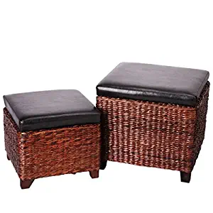 Eshow Ottoman Cube Shaped Storage Ottomans Hassocks and Ottomans as Footrest Stool Ottoman Bench Set with Lift Top and Wood Legs for Bedroom and Living Room Storage 2-Piece