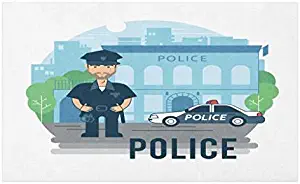 Lunarable Police Doormat, Bearded Policeman in Uniform Cartoon Style Station Surrounded by Green Trees and Car, Decorative Polyester Floor Mat with Non-Skid Backing, 30" X 18", Grey Blue