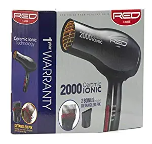 Red by Kiss 2000 Ceramic Ionic Hair Blow Dryer 2 Bonus Detangler Pik included Professional 3 Setting Heat Speed