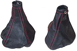 The Tuning-Shop Ltd For Alfa Romeo 156 Fl 2003-05 Shift & E Brake Boot Black Italian Leather Red Stitching