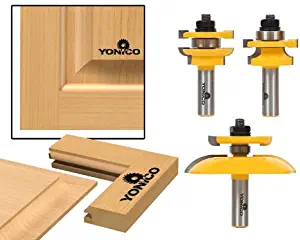 Yonico 12343 Round Over 3 Bit Raised Panel Cabinet Door Router Bit Set with Back-cutter Panel Raiser 1/2-Inch Shank