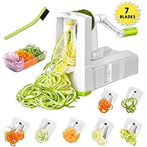 7-Blade Spiralizer Vegetable Slicer, Vegetable Spiralizer Chopper Plus Free Brash&Container &Lid with 7/420-grade Blade, Powerful Anti-Slip Sucker Spiral Slicer for Zucchini Noodles&Veggie Pasta Maker