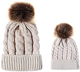 Kingcenton 2PCS Baby Winter Warm Knitted Hat with Pom Pom, Women Infant Toddler Beanie Cap