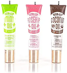 Broadway Vita-Lip Clear Lip Gloss 0.47oz/14ml (3PCS - Mint & Coconut & Rosehip Oil) + (3PK) Ruby Kisses Hydrating Lip Oil Clear RLO01