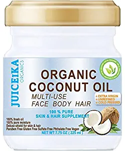 100% PURE ORGANIC COCONUT OIL. EXTRA VIRGIN/UNREFINED COLD PRESSED. 100% Pure Moisture Skin & Hair Supplement. 7.75 OZ (225 ml)