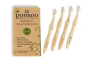 Natural Bamboo Toothbrushes (4-Pack set) Individually Numbered, Biodegradable, Soft Bristle, Earth Friendly, Ecological, Light-Weight Wood, Recycled Cardboard, Environmental, Plant Based, Medium Size