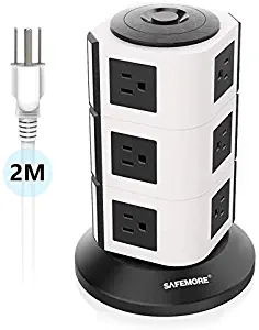 Power Strip Tower SAFEMORE Surge Protector Desktop Charger Station 12 Outlets Multiple Plug Outlet 110V-250V (6.5ft / 2M Long Power Cord) for Small Home, Kitchen and Office Appliance -White +Black