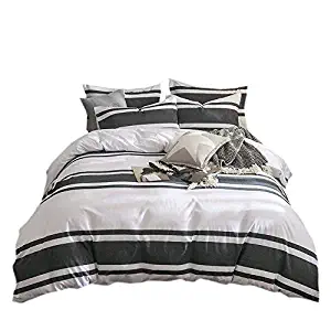 Lausonhouse Duvet Cover Set,100% Cotton Yarn Dyed Stripe Bedding Set,3 Pieces (1 Duvet Cover with 2 Pillowshams)- Queen - Grey