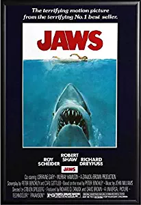 FRAMED Jaws 24x36 Poster in Real Wood Premium Matte Black Finish Crafted in USA