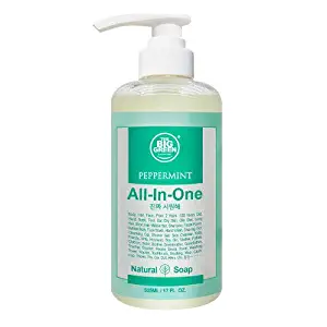 BIGGREEN Peppermint All-in-One Natural Soap - Big Green Liquid Soap for Hand, Body, Hair and Face Wash - Perfect Skin Protection Deep Moisture (17 fl oz)