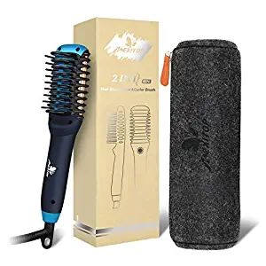 Hair Straightener Curler, Beard Straightener for Men – Mexitop 2 in 1 Hair Straightening/Curling Salon Tool, Lightweight, Dual Voltage, Bonus Glove/Clips/Woolly Cosmetic Bag ($25 Value), Metallic Blue