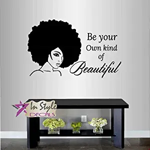 Wall Vinyl Decal Home Decor Art Sticker Be Your Own Kind of Beautiful Quote Phrase Girl Woman Lady with Afro Hair Face Fashion Beauty Hair Salon Room Removable Stylish Mural Unique Design 2566