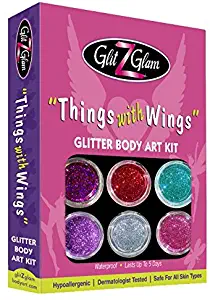 Glitter Tattoo Kit Things with Wings - Hypoallergenic and Dermatologist Tested! - with 6 Large Glitters & 12 Stencils for Temporary Tattoos