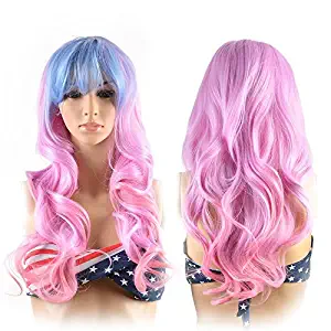 Image Long Full Curly Wavy Multi-Color Lolita Halloween Wigs for Women Cosplay Costume Party with Wig Cap Comb and Rubber Band -- Light Blue/ Pink