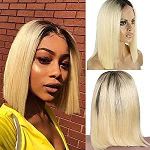 1B/613 Blonde bob wig PrePlucked Hairline Ombre 613 Blonde Brazilian Human Hair Lace Front Wig for Black Women Glueless Middle Part Short Cut Style Bob Straight 13x4 Frontal Bleached Knots Wig 8"