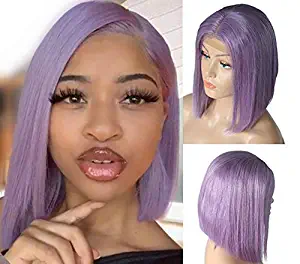 Smartinnov Human Hair Wig Lace Front Bob Pre Plucked with Baby Hair 180% Density 13x4 Lace Frontal Lilac Middle Part Straight 14inch Bleached Knots with Baby Hair Lilac Color Short Bob Wig for Women