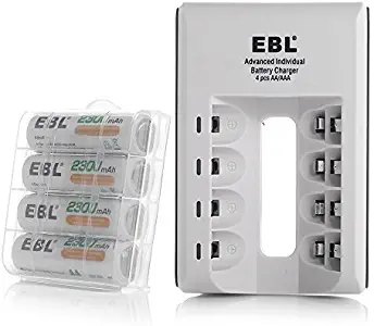 EBL AA AAA Ni-MH Ni-CD Individual Smart Battery Charger with AA Rechargeable Batteries 2300mAh 4 Packs