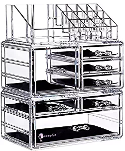 Cq acrylic 7 Drawers and 16 Grid Makeup Organizer with Cosmetic Storage Cases,9.5"x6.5"x11.8",Clear 2 Piece Set