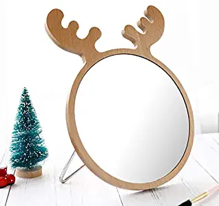 Hosoncovy Deer Wood Frame Makeup Mirror Table Mirror Desktop Mirror Cosmetic Mirror with Stainless Steel Stand for Women Children Kids Girls