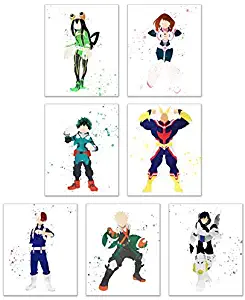 Watercolor My Hero Academia Poster Prints - Set of 7 (8x10) Anime Manga Wall Art Decor - All Might - Deku - Shoto Todoroki - Tenya Iida - Froppy - Uravity - Katsuki Bakugou