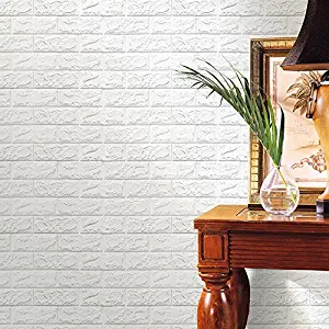 Laylala 10PCS 3D Brick Wall Stickers PE Foam Self-Adhesive Wallpaper Peel and Stick 3D Art Wall Panels for Living Room Bedroom Background Wall Decoration(White) (PE, 69×77)