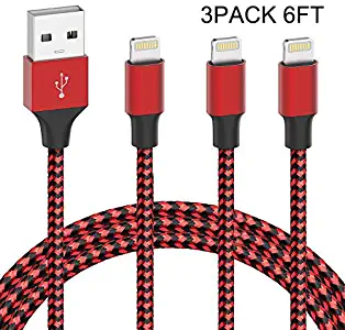 MFi Certified iPhone Charger - Novtech 3Pack 6FT Lightning Cable Nylon Braided iPhone Charging Cord for iPhone 11 Pro XR Xs Max X 8 Plus 7 Plus 6S Plus 6 Plus 5S 5C 5 SE iPod iPad Air Pro - Red and Bl