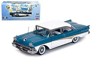 1958 Ford Fairlane 500 Hard Top The Car That Went Around The World Colonial White and Silverstone Blue Platinum Series Limited Edition to 999pcs 1/18 Diecast Model Car Sunstar 5283