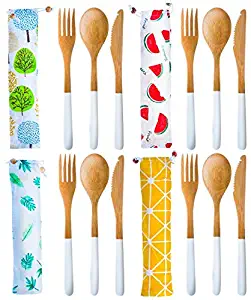 4 Bamboo Cutlery Sets - Bamboo Utensil-Reusable Silverware Sets-Eco-friendly Travel Wooden Utensils-Bamboo Spoons, Forks and Knives with Stylish White Painted Handles and Colorful Individual Cases.