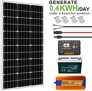 ECO-WORTHY 100W 0.4KWH/Day 12V Off Grid Complete Solar Power System Kit with Battery&Inverter: 100W Solar Panel+20A LCD Charge Controller+ 100AH 12V Lead Acid AGM Battery +1000W 12V-110V Inverter