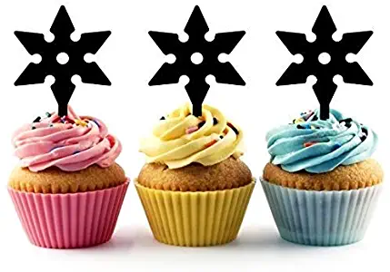 Shuriken Throwing Star Ninja Silhouette Acrylic Cupcake Toppers 12 pcs