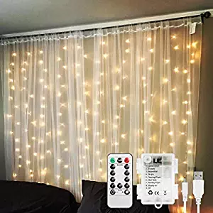 LE LED Curtain Light, USB or Battery Operated, Portable/Timer/Remote/Dimmable/8 Mode, Warm White, 9.8x9.8ft 300 LED, Indoor Outdoor Wall Window String Light for Bedroom, Party, Wedding, Patio and More